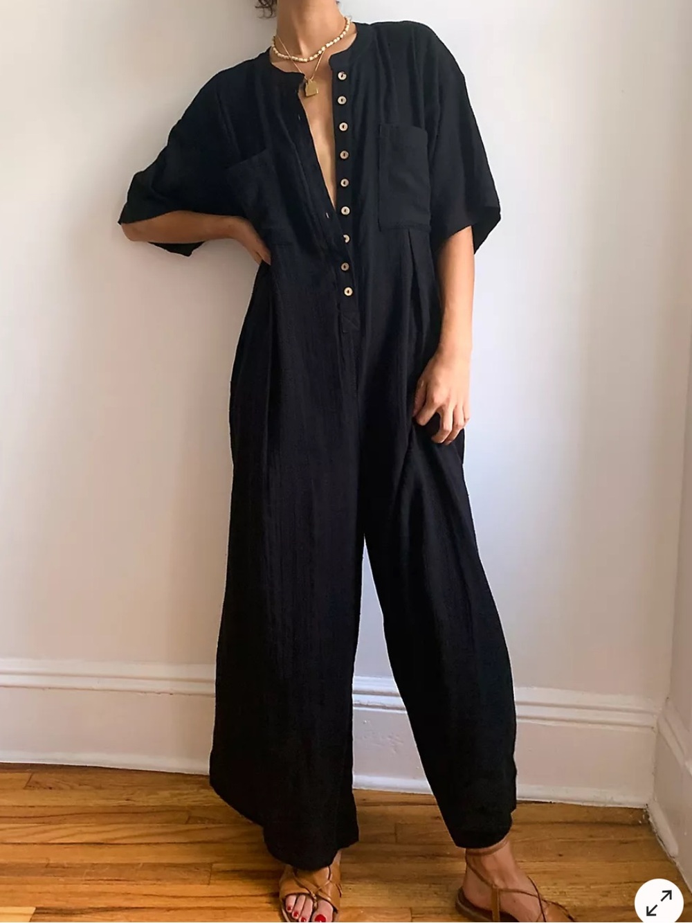 Free People Black Button-Front Wide Leg Jumpsuit